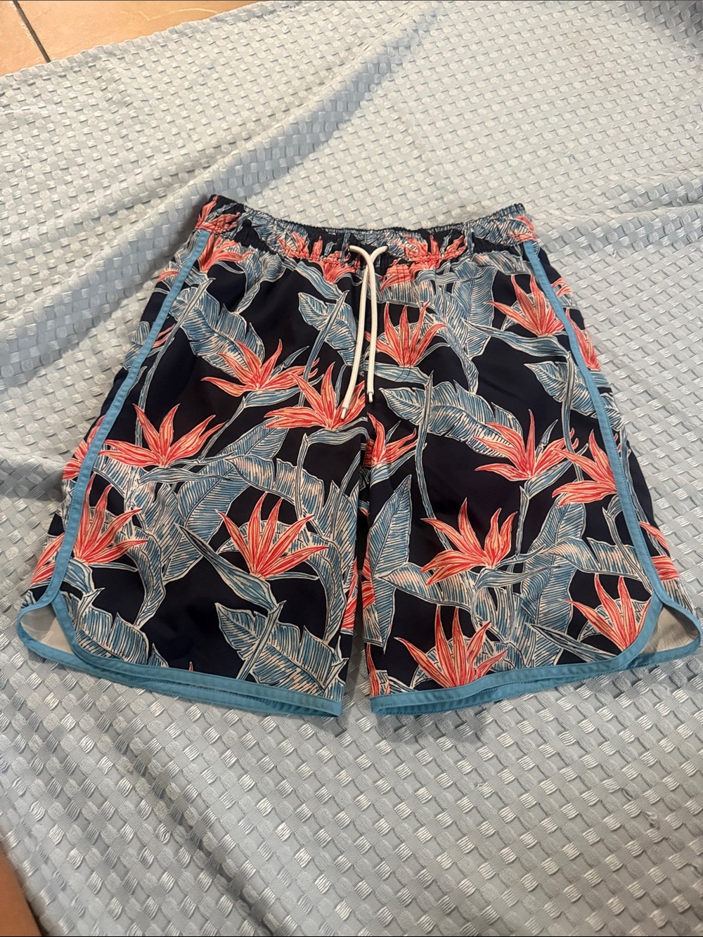 St. John's Bay Navy Swim Shorts with Coral and Light Blue Trim
